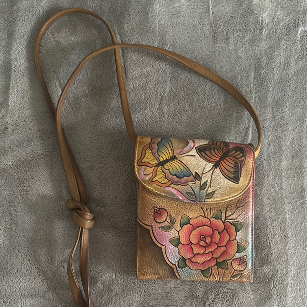 Anuschka tan Crossbody Bag with Vintage Floral Charm, Hand painted. Barely used.